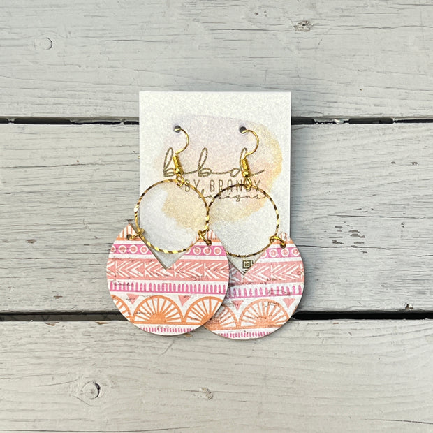 ERIN  - Leather Earrings   ||  <BR> ORANGE & PINK AZTEC PRINT ON CORK