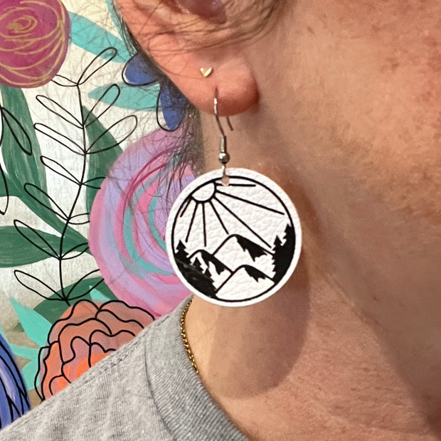 WNC FUNDRAISER EARRINGS- Original Drawing by Brandy Bell :  WHITE WITH BLACK MOUNTAINS