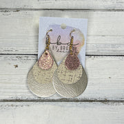 LINDSEY -  Leather Earrings  ||   <BR> SHIMMER VINTAGE PINK, <BR> ROSE GOLD HATCHING, <BR> METALLIC CHAMPAGNE SMOOTH