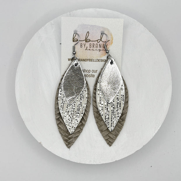 DOROTHY -  Leather Earrings  ||   <BR> METALLIC SILVER SMOOTH,<BR> METALLIC SILVER SANDS, <BR> LINEN BRAID