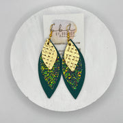 DOROTHY -  Leather Earrings  ||   <BR> METALLIC GOLD PANAMA WEAVE,<BR> FOREST GLITTER (FAUX LEATHER), <BR> MATTE DARK TEAL