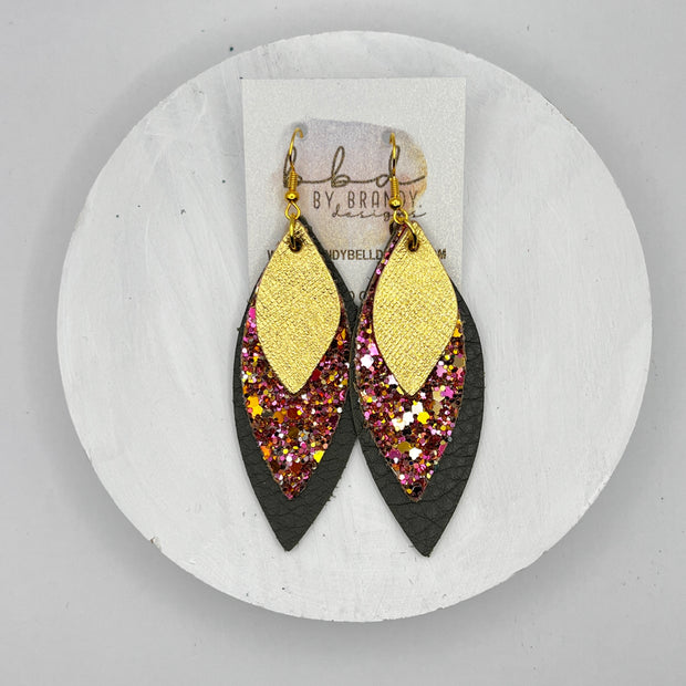 DOROTHY -  Leather Earrings  ||   <BR> METALLIC GOLD SAFFIANO,<BR> PINK & GOLD GLITTER (FAUX LEATHER), <BR> MATTE OLIVE GREEN