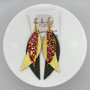 ANDY -  Leather Earrings  || <BR> PINK & GOLD GLITTER (FAUX LEATHER),   <BR> METALLIC GOLD SAFFIANO,<BR> MATTE OLIVE GREEN