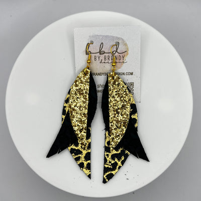 ANDY -  Leather Earrings  ||  <BR> YELLOW GOLD GLITTER (FAUX LEATHER),  <BR> MATTE BLACK,<BR> METALLIC GOLD ACCENTS ON BLACK