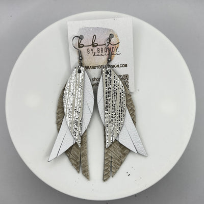 ANDY -  Leather Earrings  ||  <BR> METALLIC SILVER SANDS, <BR> MATTE WHITE, <BR> LINEN BRAID