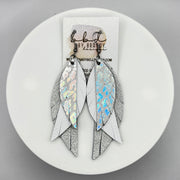 ANDY -  Leather Earrings  ||  <BR> IRIDESCENT LEOPARD, <BR> MATTE WHITE, <BR> SHIMMER SILVER