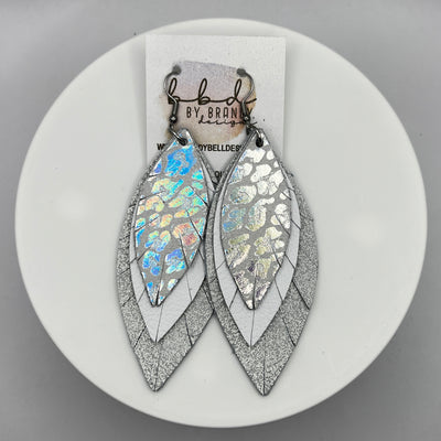 INDIA -  Leather Earrings  ||  <BR> IRIDESCENT LEOPARD, <BR> MATTE WHITE, <BR> SHIMMER SILVER