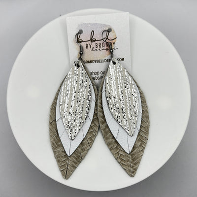 INDIA -  Leather Earrings  ||  <BR> METALLIC SILVER SANDS, <BR> MATTE WHITE, <BR> LINEN BRAID