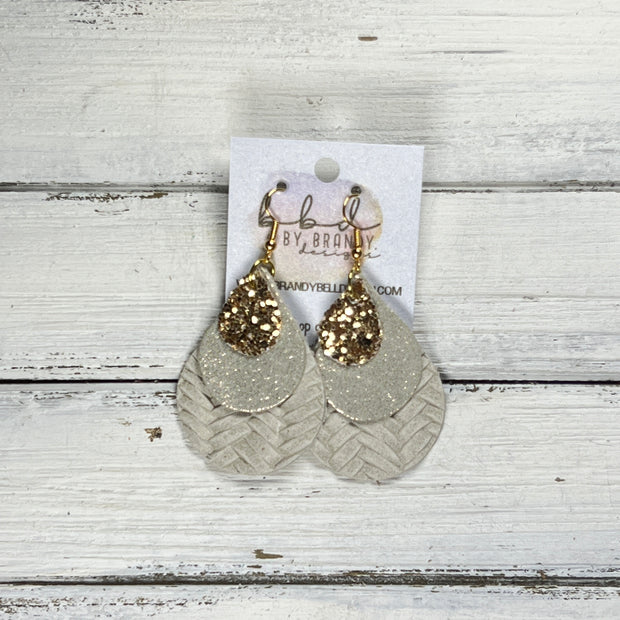 LINDSEY -  Leather Earrings  ||   <BR> GOLD GLITTER (FAUX LEATHER), <BR> SHIMMER ROSE GOLD, <BR> LINEN BRAID