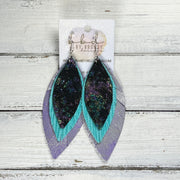 INDIA -  Leather Earrings  ||   <BR> IRIDESCENT NORTHERN LIGHTS, <BR> AQUA PALMS, <BR> DISTRESSED LAVENDER & SILVER