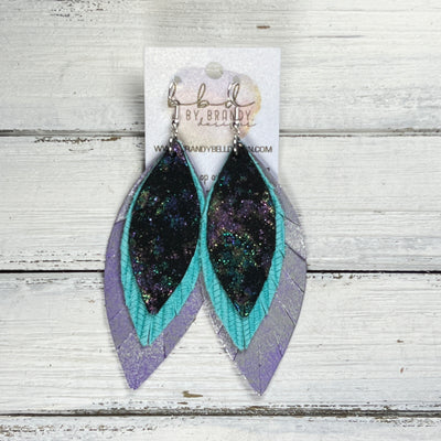 INDIA -  Leather Earrings  ||   <BR> IRIDESCENT NORTHERN LIGHTS, <BR> AQUA PALMS, <BR> DISTRESSED LAVENDER & SILVER