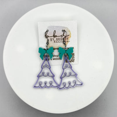 ACRYLIC EARRINGS || <BR>  Bow + Christmas Tree Earrings  - AQUA MINT & LAVENDER