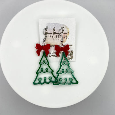 ACRYLIC EARRINGS || <BR> Bow + Christmas Tree Earrings  - RED BOW + GREEN TREE