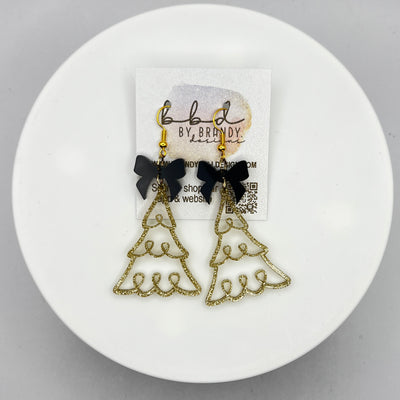 ACRYLIC EARRINGS || <BR> Bow + Christmas Tree Earrings  - BLACK BOW + GOLD GLITTER TREE