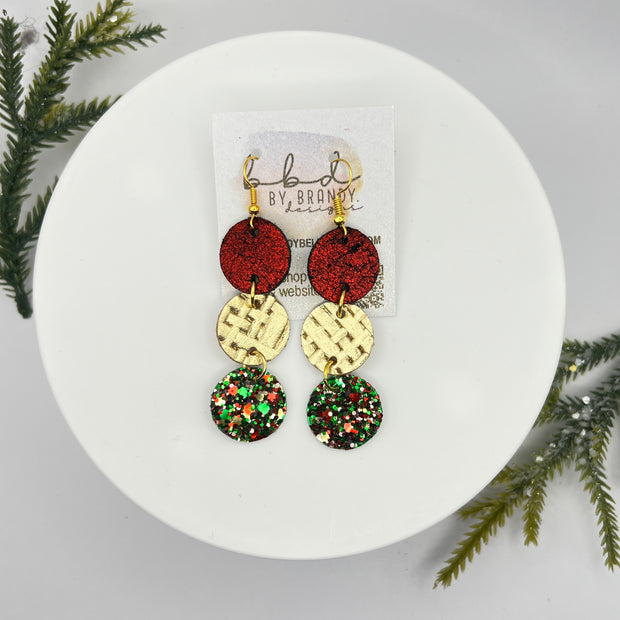 DAISY -  Leather Earrings  ||  <BR> SHIMMER RED ON BLACK, <BR> METALLIC GOLD PANAMA WEAVE, <BR> CHRISTMAS GLITTER (FAUX LEATHER)