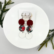 DAISY -  Leather Earrings  ||  <BR> MATTE DARK RED, <BR> CHRISTMAS FLORAL (FAUX LEATHER), <BR> PEARL WHITE