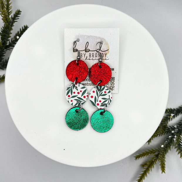 DAISY -  Leather Earrings  ||  <BR> METALLIC RED PEBBLED, <BR> RED & GREEN BERRIES (FAUX LEATHER), <BR> METALLIC GREEN SMOOTH