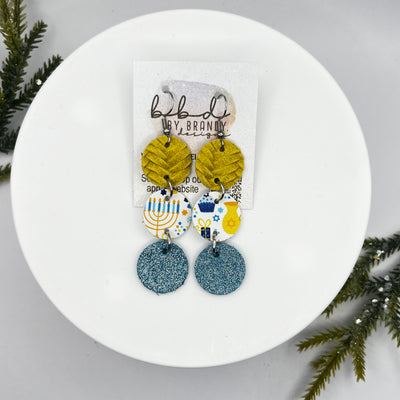 DAISY -  Leather Earrings  ||  <BR> YELLOW BRAID <BR> HAPPY HANUKKAH (FAUX LEATHER), <BR> SHIMMER NAVY