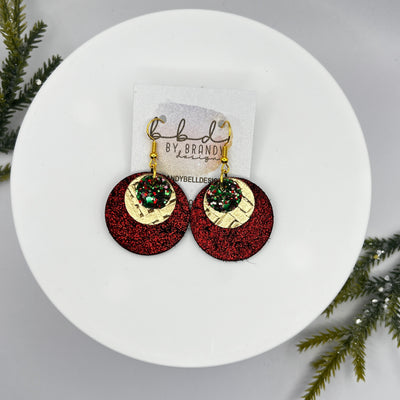 GRAY -  Leather Earrings  || <BR> CHRISTMAS GLITTER (FAUX LEATHER), <BR> METALLIC GOLD PANAMA WEAVE, <BR> SHIMMER RED ON BLACK