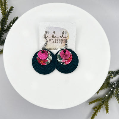 GRAY -  Leather Earrings  || <BR> METALLIC PINK SMOOTH, <BR> POINSETTIAS (FAUX LEATHER), <BR> DARK TEAL BRAID