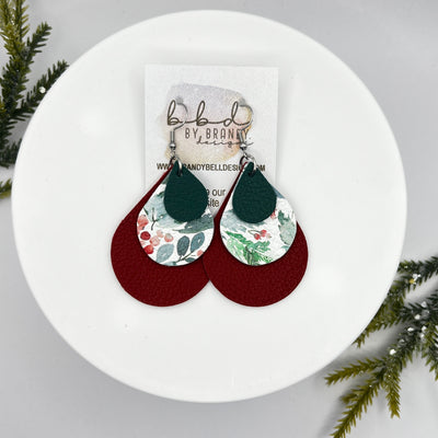 LINDSEY -  Leather Earrings  || <BR> MATTE DARK TEAL, <BR> WATERCOLOR HOLLY BERRIES, <BR> MATTE DARK RED