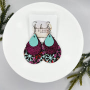 LINDSEY -  Leather Earrings  || <BR> ROBINS EGG BLUE, <BR>, SHIMMER MAGENTA, <BR> COLORFUL SNOWFLAKES (FAUX LEATHER)