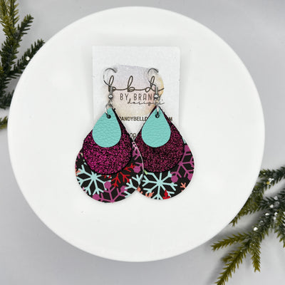 LINDSEY -  Leather Earrings  || <BR> ROBINS EGG BLUE, <BR>, SHIMMER MAGENTA, <BR> COLORFUL SNOWFLAKES (FAUX LEATHER)