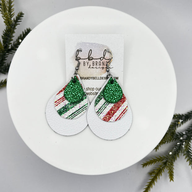 LINDSEY -  Leather Earrings  || <BR> SPARKLE GREEN, <BR>, CANDY CANE GLITTER (FAUX LEATHER), <BR> MATTE WHITE