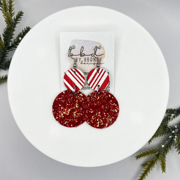 CALLIE -  Leather Earrings  || <BR> CANDY CANE STRIPES, <BR> CANDY APPLE RED GLITTER (FAUX LEATHER)