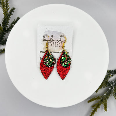 JEAN -  Leather Earrings  || <BR> CHRISTMAS GLITTER (FAUX LEATHER), <BR> METALLIC RED PEBBLED