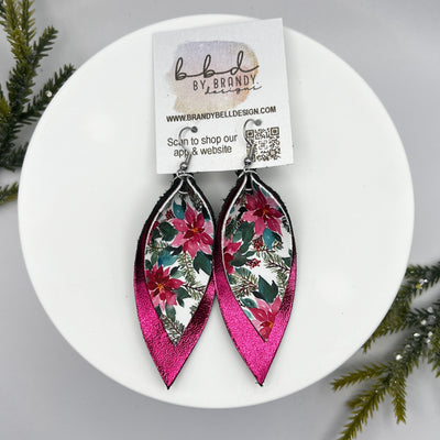 ALLIE -  Leather Earrings  || <BR> POINSETTIAS (FAUX LEATHER), <BR> METALLIC PINK SMOOTH