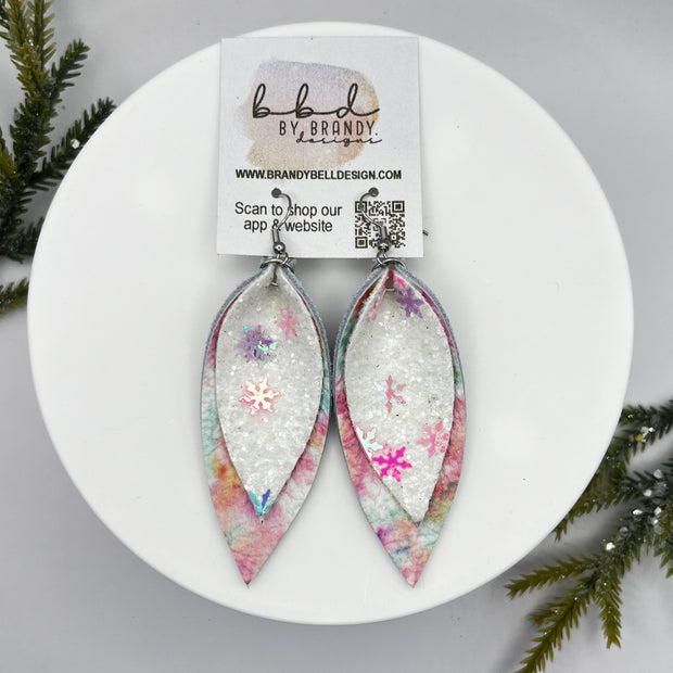 ALLIE -  Leather Earrings  || <BR> SNOWFLAKE GLITTER (FAUX LEATHER), <BR> PINK TIE-DYE