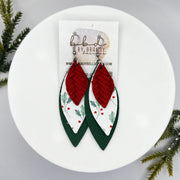 DOROTHY -  Leather Earrings  || <BR> RED BRAID, <BR> HOLLY LEAVES & BERRIES, <BR> MATTE DARK GREEN