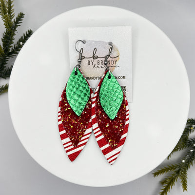 DOROTHY -  Leather Earrings  || <BR> METALLIC GREEN COBRA, <BR> CANDY APPLE RED GLITTER (FAUX LEATHER), <BR> CANDY CANE STRIPES