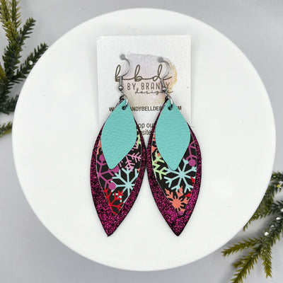 DOROTHY -  Leather Earrings  || <BR> ROBINS EGG BLUE, <BR> COLORFUL SNOWFLAKES (FAUX LEATHER), <BR> SHIMMER MAGENTA