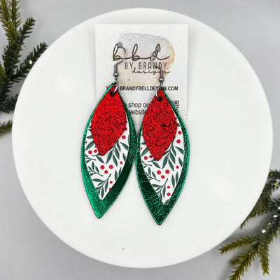 DOROTHY -  Leather Earrings  ||  <BR> METALLIC RED PEBBLED, <BR> RED & GREEN BERRIES (FAUX LEATHER), <BR> METALLIC GREEN SMOOTH