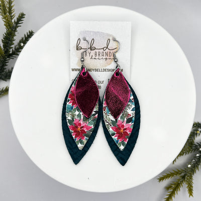 DOROTHY -  Leather Earrings  || <BR> METALLIC PINK SMOOTH, <BR> POINSETTIAS (FAUX LEATHER), <BR> DARK TEAL BRAID