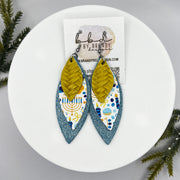 DOROTHY -  Leather Earrings  ||  <BR> YELLOW BRAID <BR> HAPPY HANUKKAH (FAUX LEATHER), <BR> SHIMMER NAVY