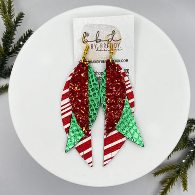 ANDY -  Leather Earrings  || <BR> CANDY APPLE RED GLITTER (FAUX LEATHER), <BR> METALLIC GREEN COBRA, <BR> CANDY CANE STRIPES