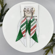 ANDY -  Leather Earrings  || <BR> RED & GREEN CANDY CANE GLITTER (FAUX LEATHER), <BR> SPARKLE GREEN, <BR> MATTE WHITE