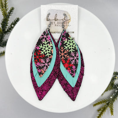 INDIA -  Leather Earrings  || <BR> COLORFUL SNOWFLAKES (FAUX LEATHER), <BR> ROBINS EGG BLUE, <BR>, SHIMMER MAGENTA