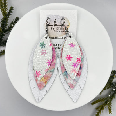 INDIA -  Leather Earrings  || <BR> SNOWFLAKE GLITTER (FAUX LEATHER), <BR> PINK TIE-DYE, <BR> MATTE WHITE