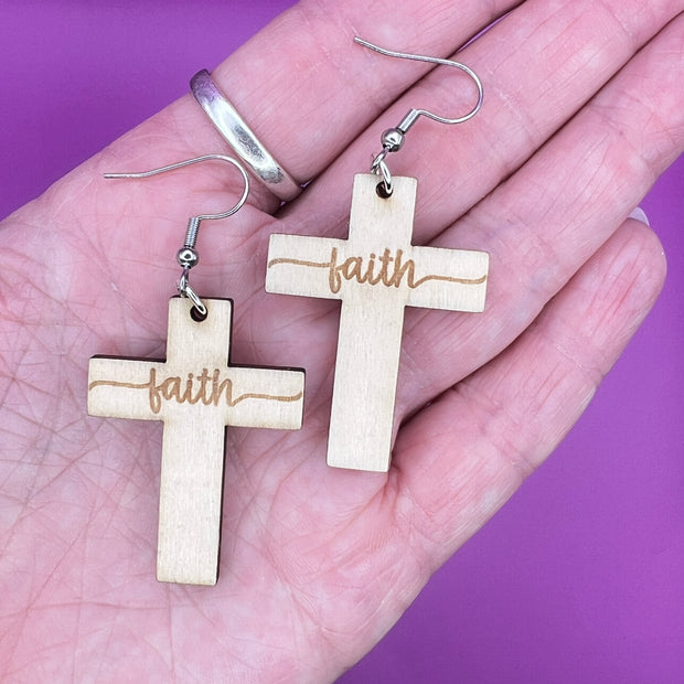 ENGRAVED WOODEN CROSS ||  <br> Wood earrings by Brandy Bell <br> CHOOSE YOUR WORD