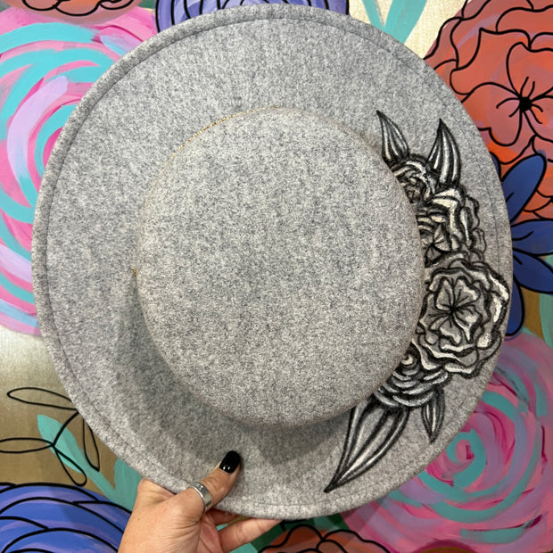 Hand-Painted Felt Hat by  Brandy Bell - Heather Gray with Monochromatic Floral