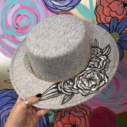 Hand-Painted Felt Hat by  Brandy Bell - Heather Gray with Monochromatic Floral