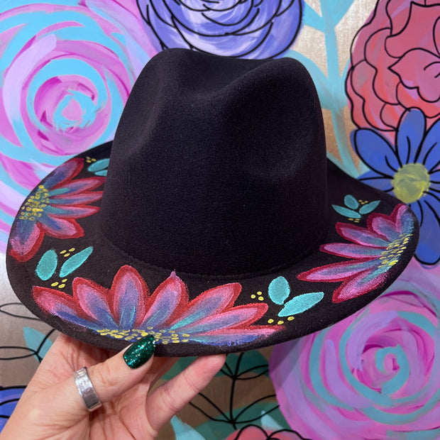 Hand-Painted Felt Hat by  Brandy Bell - Gray with Bright Floral