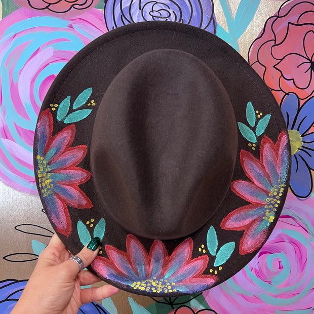 Hand-Painted Felt Hat by  Brandy Bell - Gray with Bright Floral