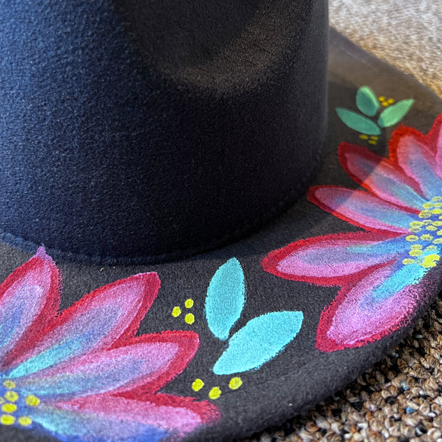 Hand-Painted Felt Hat by  Brandy Bell - Gray with Bright Floral