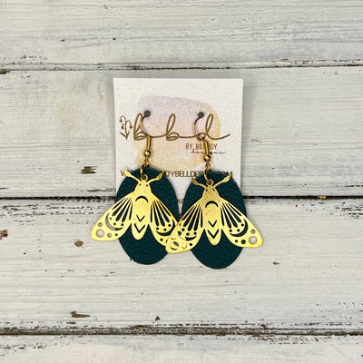 SUEDE + STEEL *Limited Edition* || Leather Earrings || BRASS BEE/BUTTERFLY/MOTH ACCENT || <BR> MATTE DARK TEAL