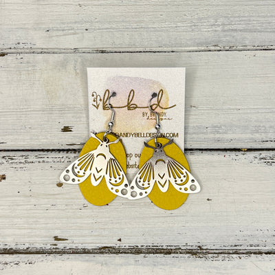 SUEDE + STEEL *Limited Edition* || Leather Earrings || SILVER BEE/BUTTERFLY/MOTH ACCENT || <BR> MATTE YELLOW